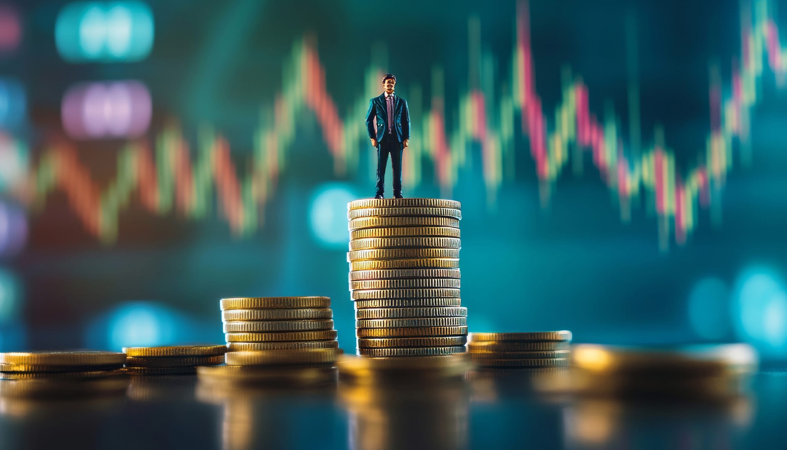 A small figurine on top of piles of coins, symbolizing personal finance